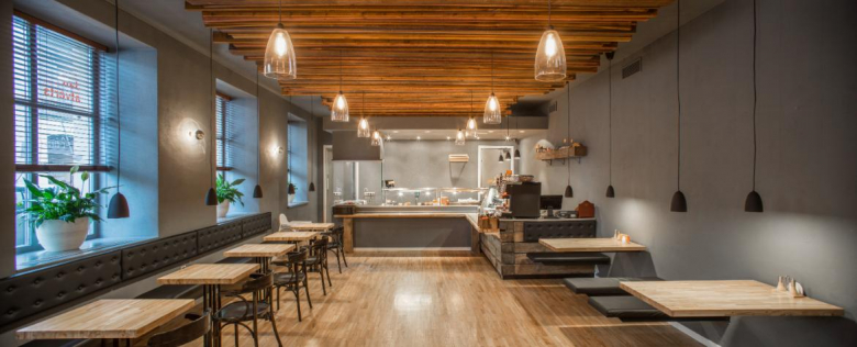 Interior of a restaurant with a wooden design